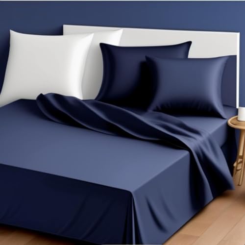 Image of Egyptian Cotton Feel Double Size Flat Bedsheet with 2 Pillow Covers | 800 TC Soft & Breathable | Navy Blue Solid Pattern for Bedrooms and Hotels Use (Size: 60 x 100 Inch)