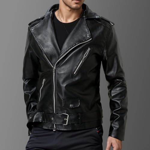 Hombres Casual PU Cuero Motocicleta Abrigo con Solapa para Otoño e Invierno Wear (XL Negro)