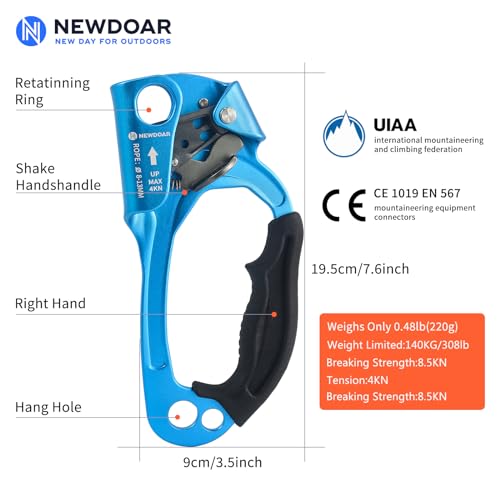 Image of NewDoar Right Hand Ascender Rock Climbing Tree Arborist Rappelling Gear Equipment CE Certified Rope Clamp for 8~13MM Rope(Right Hand Pro Blue)