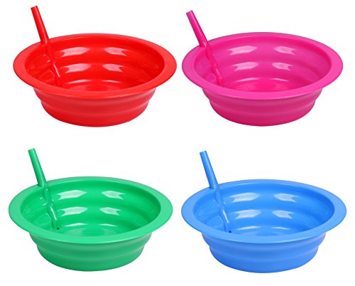 Cereal Bowl With Straw for Kids - Four Pack in Blue, Red, Green, and Pink