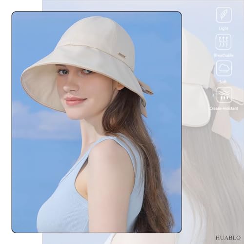 huablo Wide Brim Hats for Woman Foldable Hats Sun Hats for Women uv Protection Bowknot Fishing hat Adjustable hat with Ponytail Hole Beige - Image 2