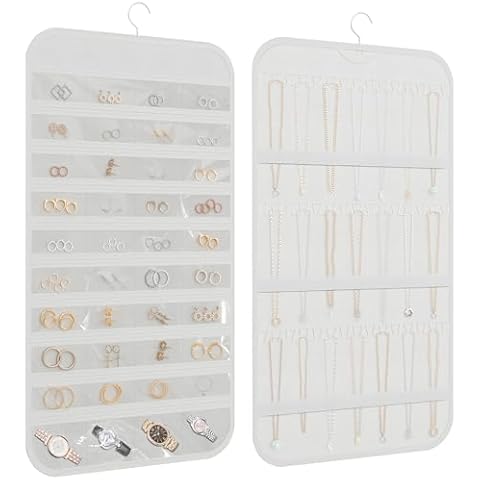 DonYeco Hanging Jewelry Organizer Storage, 40 Pockets 36 Hooks Necklace Earring Necklace Bracelet Ring Organizer, Double - Sided Design, White Cover