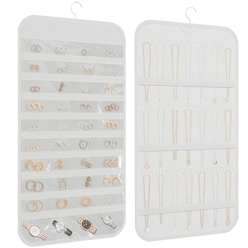 Hanging Jewelry Organizer Storage, 40 Pockets 36 Hooks Necklace Earring Necklace Bracelet Ring Organizer, Double – Sided Design, White