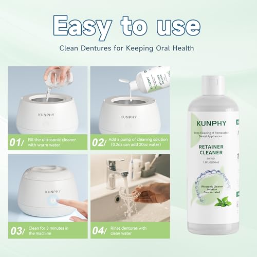 Image of KUNPHY Ultrasonic Retainer Cleaner Solution Concentrate-Professional Cleaning of Retainers, Denture, Invisible Aligners, Mouth Guards, Night Guards, Remove Odors, Discoloration & Stains 1.8 oz(Mint)