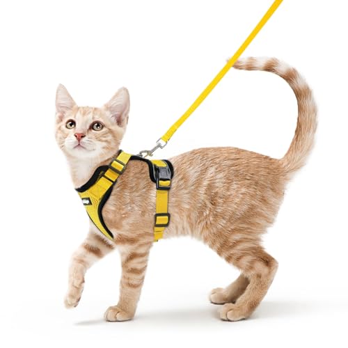 Image of rabbitgoo Cat Harness and Leash Set, Escape Proof Vest, Yellow | Soft Breathable Mesh, Easy Adjustable Fit, Snap Buckles, Sturdy Clip, Reflective Strips, for Small & Average Cats Walks, Xs