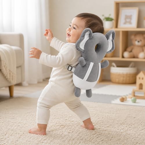 Image of GLUN Baby Head Protector Backpack, Pack of 1 Cute Elephant Soft Cushioning, Adjustable Shoulder Belt, Head Protection Back for 6-18 Month Toddler Kids