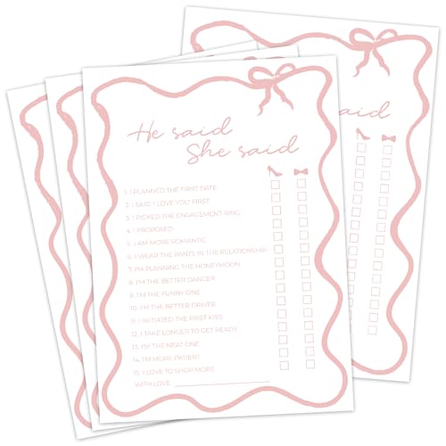 DEEKA 30 PCS Bridal Shower Games Card for 30 Guests White Pink Wavy Border Ribbon Bow Funny Wedding Bachelorette Party Games for Reception (He Said She Said)