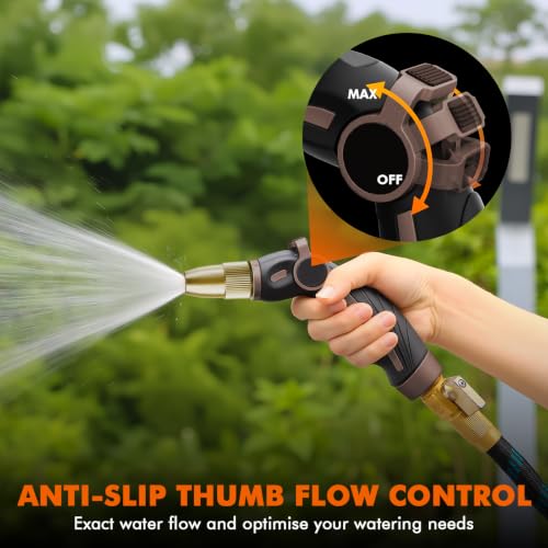 Image of RESTMO Garden Hose Nozzle, Heavy Duty Water Hose Sprayer Nozzle, Brown | Brass Head, Thumb Control, Adjustable 4 Spray Patterns, Leak-proof, Metal Hose Nozzle for Outdoor Lawn & Plant & Car
