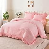 NTBED Pink Girls Seersucker Comforter Set for Kids, Soft Chic Farmhouse Ruffles Bedding Sets,5 Pieces Princess Queen Bed in a Bag