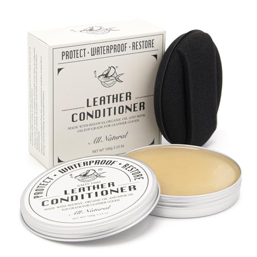 SALTY FISH All-Natural Leather Conditioner and Cleaner,Made with Mink Oil Beeswax,Protect Soften Waterproof Leather Furniture,Car Seats,Shoes,Boots,Bags (3.53 Oz with Sponge)