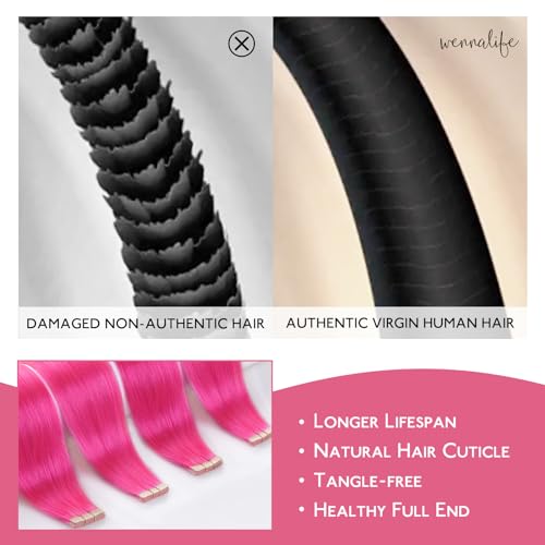 Image of WENNALIFE Tape in Hair Extensions Human Hair Hot Pink Tape in Extensions, 10pcs 30g 26 inch Remy Invisible Tape Ins Straight Colored Soft Real Human Hair Tape in Extensions Refill Set Extensions