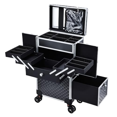 Image of SHAMAX Professional Rolling Makeup Case, Cosmetic Organizer Trolley, Manicure Storage Vanity Locks - Trolley for Hairdressers, Salons, Beauty Lovers - 360 Universal Wheels (8173)