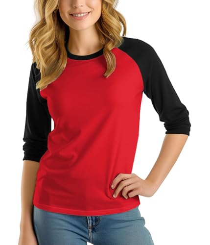 Decrum Red and Black Raglan Shirt Women Cotton Baseball 3 Quarter Sleeve Shirts Women Raglan Shirt [40003026] | Red&Blk Rgln Womn, 2XL