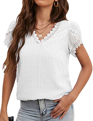 Lace Blouse for Women Summer Causal Petal Sleeve Tops V Neck Shirts Crochet White XXLarge