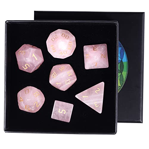 rockcloud Rose Quartz Crystal DND Polyhedral Dice Set of 7, Healing Crystal Stone Hand-Made Dices with Dice Box for RPG MTG Table Games Home Office Decor