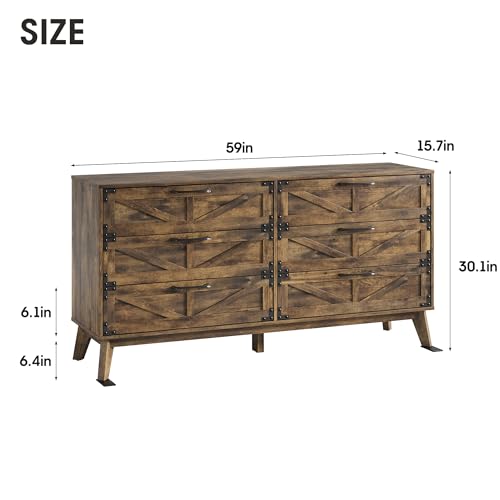 59'' Farmhouse 6-Drawer Dresser with Metal Handles - Rustic Brown