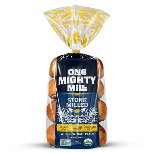 One Mighty Mill Whole Wheat Plain Bagels, 100% Organic, Fresh-Milled, Stone-Ground Flour - No Preservatives or Artificial Ingredients, Non-GMO, Kosher (4 Count, 1 Pack)