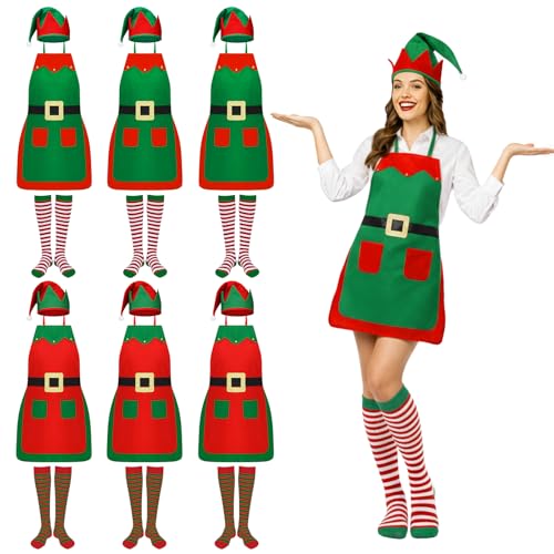 18 Pcs 18 Pcs Christmas Elf Apron Set with Hat & Socks, Red and Green