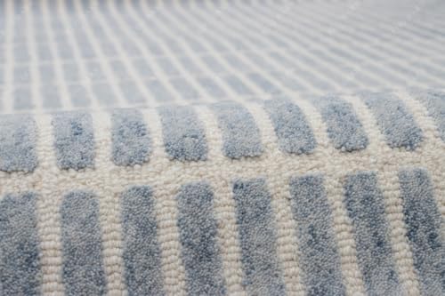 Image of Capitola Solid Hand-Tufted 100% Wool Area Rug - 1x1 Ft (Sample), Square Coastal Blue Textured Surface Design, Cotton Backing, Plush Dense Pile Handmade Carpet for Living Room, & Bedroom