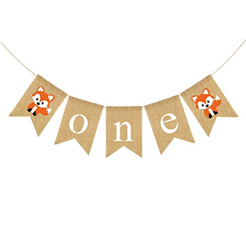 Woodland Fox Baby 1st Birthday Banner,Jute Burlap Animal ONE High Chair Banner for Boys Girls First Birthday Party Decorations Supplies
