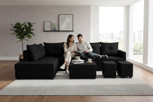 Image of SOCOZI Oriana 8 Seater LHS L Shape Sofa Set | Velvet Suede Fabric L Shape Sofa for Livingroom with 2 Ottoman & Centre Table | (Black)