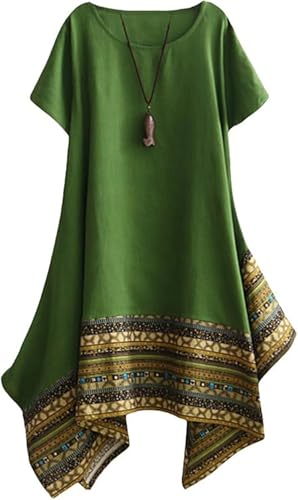 Minibee Women's Ethnic Cotton Linen Short Sleeves Irregular Tunic Dress (2XL, Green)