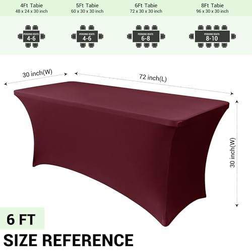 Image of Obstal 6ft Stretch Spandex Table Cover for Standard Folding Tables - Universal Rectangular Fitted Tablecloth Protector for Wedding, Banquet and Party, 72L x 30W x 30H Inches, Wine Red, 2pc