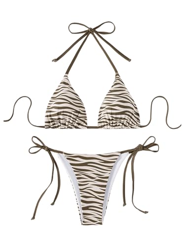 SweatyRocks Women's 2 Piece Bikini Set Zebra Print Triangle Halter Swimsuit Backless Tie Side Brazilian Bathing Suit