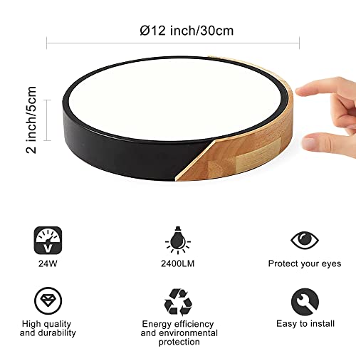 Led Ceiling Light Fixture, Modern 12" Minimalist Round Wood Flush Mount Light Fixture With Acrylic Lampshade, Ceiling Lamp For Living Room, Hallway, Bathroom, Bedroom, 24W, 4500K Daylight, Black #TOP4