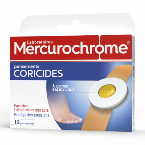 MERCUROCROME – Apósitos Coricidas con ácido salílico – Caja de 12 apósitos – Promueve la eliminación de los callos – Protege contra la presión dolorosa causada por los callos