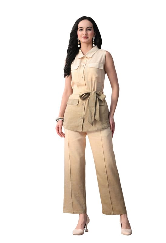 kiza Women Beige Linen Co-ord Set Sleeveless Tunic Top with Belt & Straight Pants | Breathable Summer Wear Stylish Cord Set | Casual Office Wear Two Piece Outfit for Women-picture-34