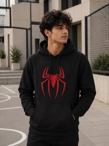 Image of More & More HOODMASTER Men's Cotton Hoodie Sweatshirt with Full Sleeves Regular Fit Solid Pattern Spider Printed Theme Hooded Neck and Standard Length | Cotton Hoodie Sweatshirt for Men