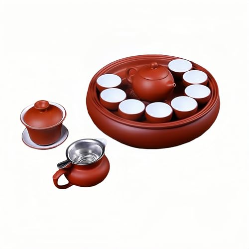 紫砂茶器ティーセット・セラミックス製 | 急須・蓋碗・茶海・茶皿・湯呑み4個付き | 茶巾&茶道六君子付き | 2〜4人用・和風デザイン | 家庭/オフィス/旅行/茶室に適用 (レッド+ホワイト)