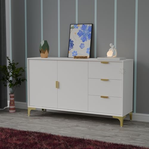 Image of Wooden Sideboard Cabinet for Living Room & Bedroom | Wooden Storage Cabinet with 2 Doors & 3 Drawers Storage | Large Storage Organizer /Cupboard | HDMR Premium Wood | Gold Metal Legs (White)