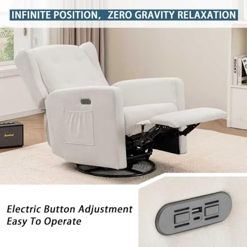 Image of Ketaiyou Power Swivel Rocking Recliner Chair, High Back Electric Rocker Nursery Glider Chair, USB and Type-C Ports, Upholstered Fabric Reclining Single Sofa Chair for Living Room (Beige)