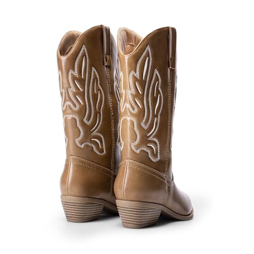 Dream Pairs Women'S Cowboy Boots Mid Calf Cowgirl Boots Embroidery Stitched Western Boots,Size 8,Light Brown-Pu,Dwummb2419 thumb #2