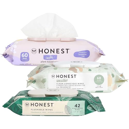 Image of The Honest Company Wipes Multi-Pack | 99% Water, Plant-Based, EWG Verified, Multi-use | Flushable (42 ct), Calming Lavender (60 ct), Geo Mood (60 ct)