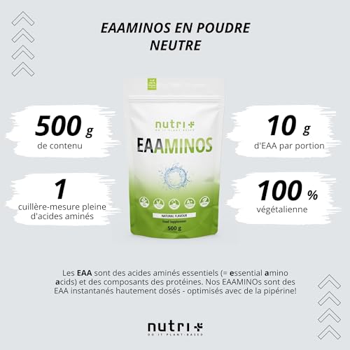 Nutri + Eaa 9 acides aminés poudre - Poudre d'EAA Neutral 500g - Haute dose - AAE instantanés goût neutre sans édulcorants, additifs & goût artificiel - Vegan Essential Aminos – Image 4