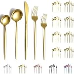 Evanda Gold Cutlery Set 40 Piece Service for 8, Gold Titanium Plating Stainless Steel Silverware Set, Include Knives Forks Spoons Set, Idea Gift for Home and Wedding, Dishwasher Safe