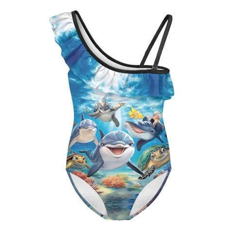 Image of Xpyiqun Swimsuits for Girls 3-14 1-Shoulder Ruffle Bathing Suit One Piece Adjustable Halter Swimming Wear