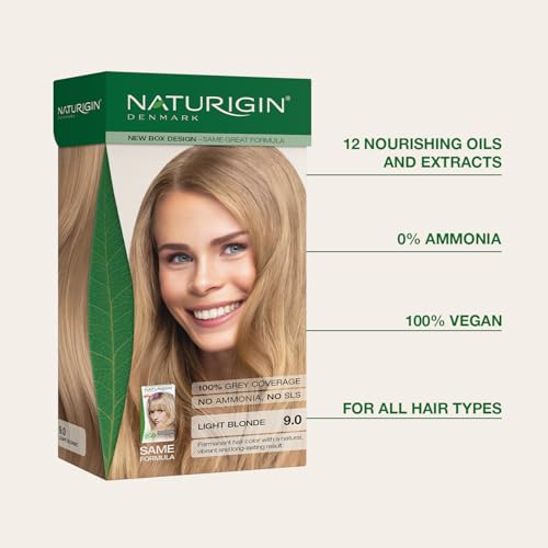Image of Naturigin Permanent Hair Color, 9.0 Light Blonde, Ammonia Free, 100% Gray Coverage, Nourishing Natural Formula, For All Hair Types, Long-Lasting, Vegan & Cruelty-Free, 1 Pack