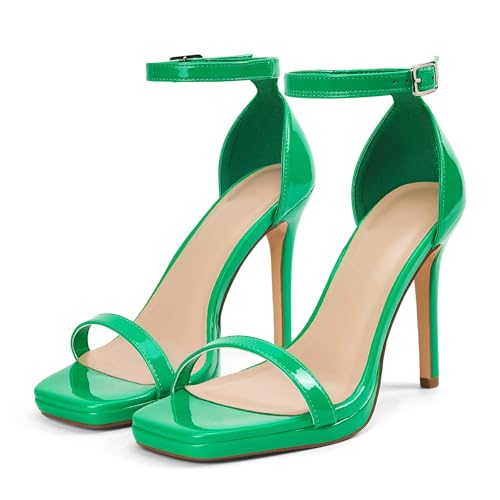 Women Strappy High Heeled Sandals,4.3-Inch Stiletto Open Square Toe Heels with Ankle Strap at Wedding Bride Prom Date Work Church Dressy
