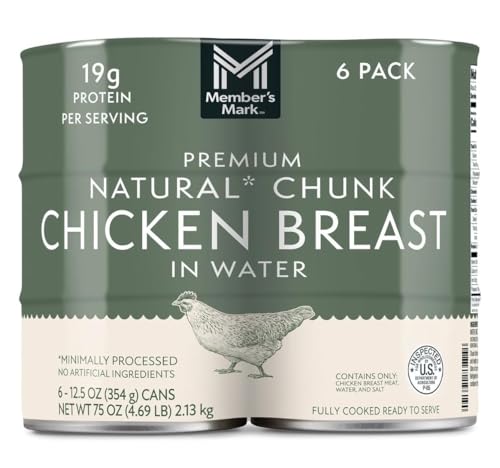 Member Marks Premium Chunk Chicken Breast, 12.5 oz (Pack of 6) – 19g Protein, No Artificial, No Preservatives, No MSG - Fully Cooked Canned Chicken Breast in Water