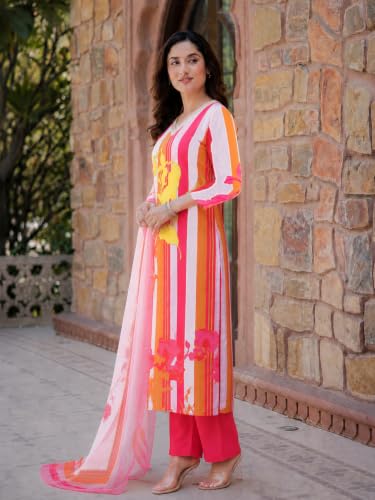 Image of ANNI Designer Women's Cotton Blend Printed Straight Cotton Blend Kurta with Pant and Dupatta | Kurta Set for Women Suit Set for Women | Indian Ethnic Wear Women's Ethnic Clothing Designer