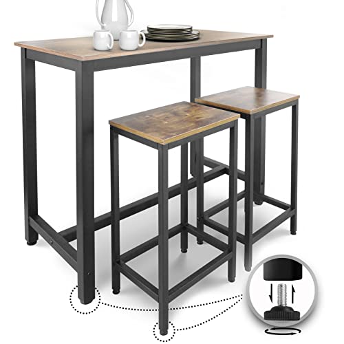 Miadomodo® Table Haute avec 2 Tabourets de Bar - Style Industriel, Repose-Pieds, Cadre en Fer, Marron Rustique-Ensemble Table Bistrot Mange-Debout et Chaises de Bar, pour Cuisine, Salle à Manger