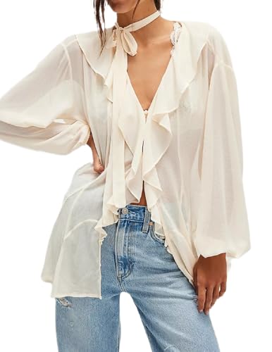 UAURORAO Women Ruffle Sheer Top Long Sleeve See Through Mesh Blouse Tops Oversized Flowy Chiffon Tunic Shirts