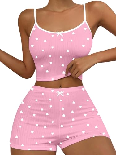 Image of Hilinker Womens Graphic 2 Piece Pajama Set Summer Cute Crop Cami and Shorts Ribbed Lounge Sets