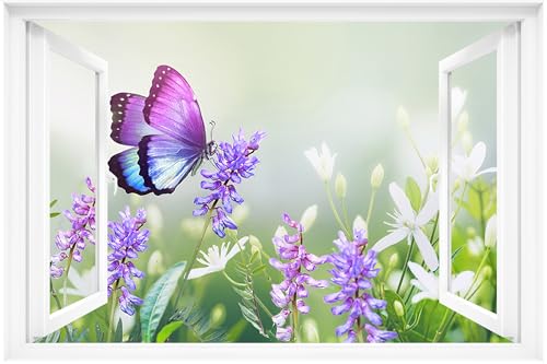 Fake Window Decal - 24'x16' Vinyl Wall Art | Purple Butterfly Garden Scene Mural Sticker | Peel & Stick Removable Decor