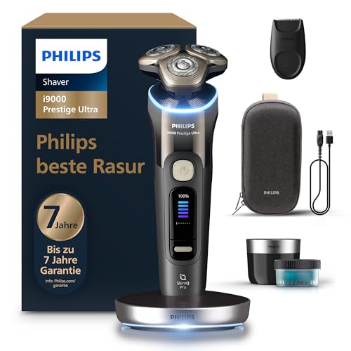 Philips elektrischer Rasierer i9000 Prestige Ultra für Herren, Nass- und Trockenrasur, schwarz, Druck- und Bewegungssensor, Trimmeraufsatz, Reinigungsstation, Ladestation und Reiseetui (XP9405/31)