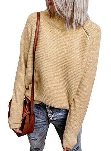 Jusfoouo Damen Rollkragen Langarm Pullover Einfarbig Pulli Strick Tops für Herbst Winter Strickpullover mit Reißverschluss S-XXL Cover